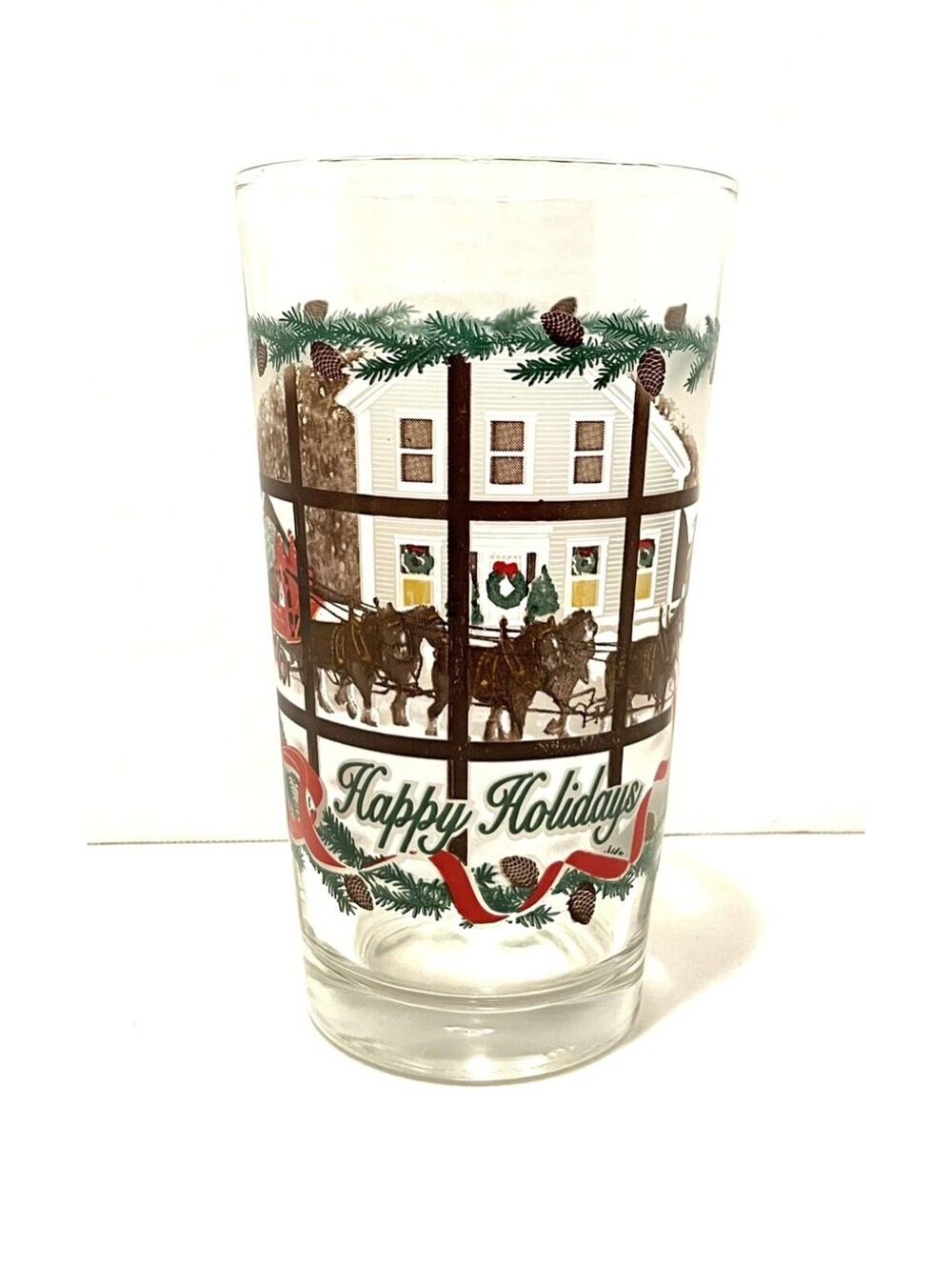 Budweiser Holiday Pint Glass Clydesdales Through The Window— Village Scene 16oz